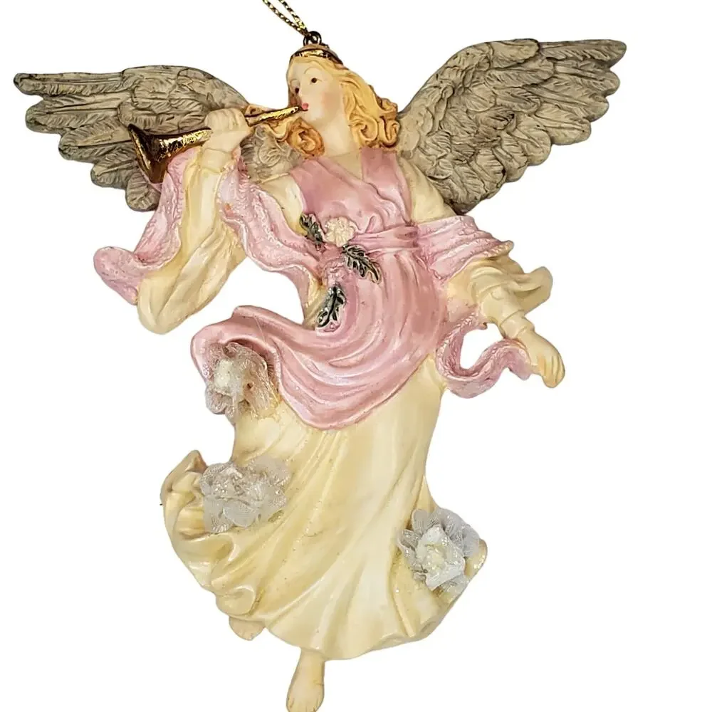Angel with Horn and Flowers Hand Painted Resin Holiday Christmas Ornament 5